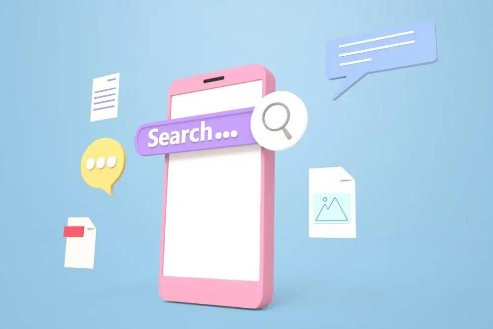 A pink smartphone with a blank screen displays a purple “Search…” bar and magnifying glass icon, surrounded by floating chat and document icons—a playful nod to Google SEO update trends and their SEO impacts on mobile search. for Localboost.com