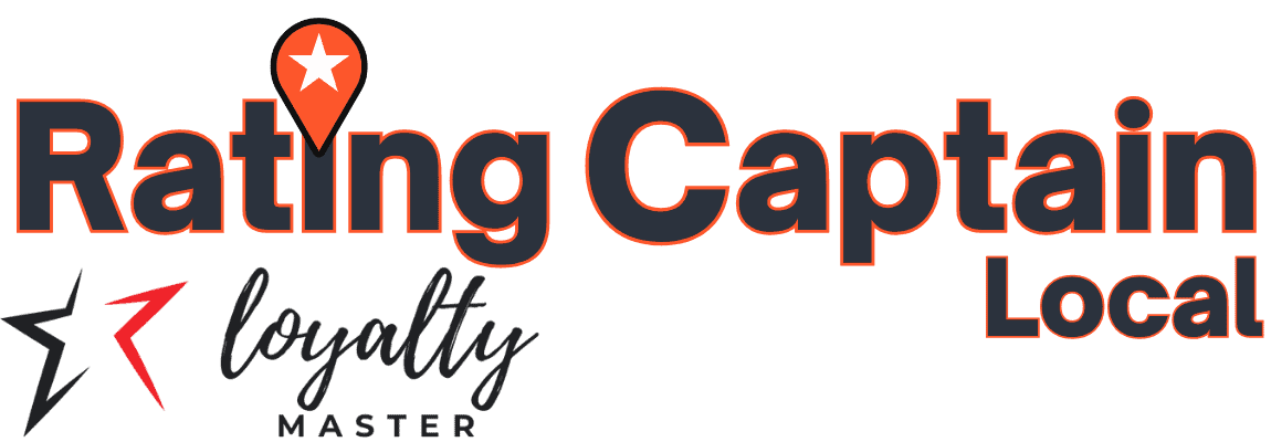 Logo for "Rating Captain Local" featuring a star inside a map pin above the letter "R." Below, "loyalty MASTER" is written in cursive and capitals with a stylized star—perfect for enhancing your website design or as an Elementor header. for Localboost.com